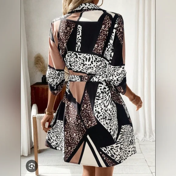 Tie-Waist Mini Dress in Black, Brown & White Animal Patchwork - Picture 2 of 2